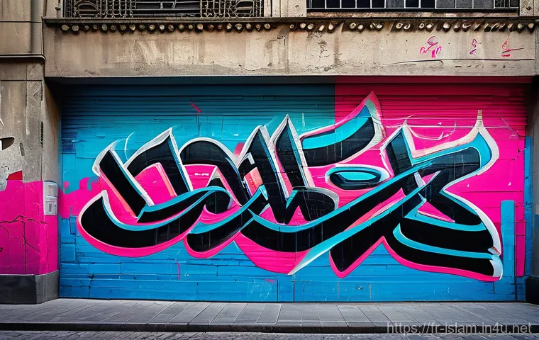 무슬림의 현대 문화 예술 - **A dynamic digital art piece showcasing contemporary Arabic calligraffiti on a massive, weathered c...