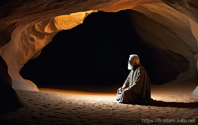 이슬람교 창시자 무함마드 - **Prompt 1: The Solitary Seeker's Vision**
    "An ancient, dimly lit cave, rugged rock walls illumi...