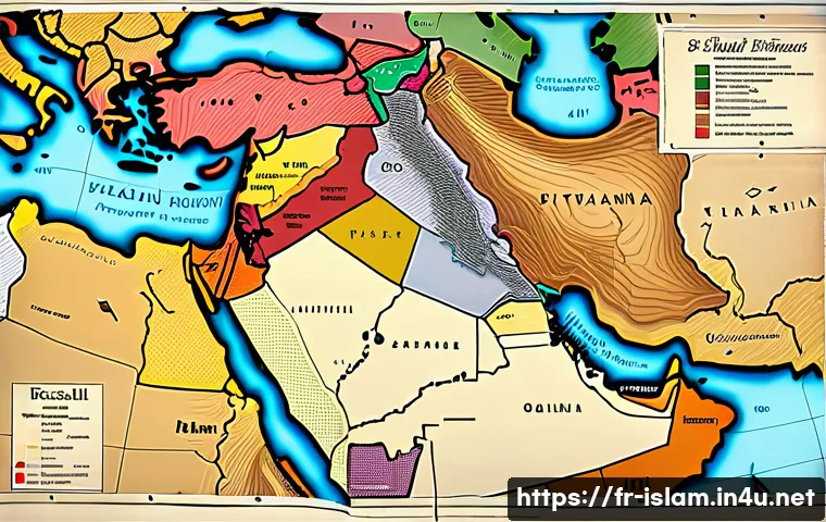 이슬람과 중동분쟁 - A detailed political map of the modern Middle East region highlighting colonial-era borders with int...