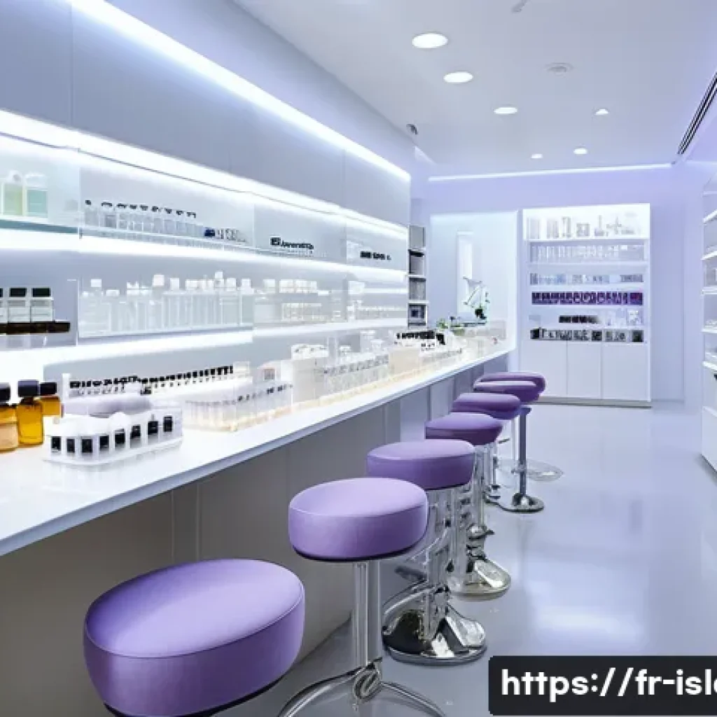 할랄 화장품 트렌드 - A modern French cosmetic laboratory specializing in halal beauty products, showcasing elegant glass ...