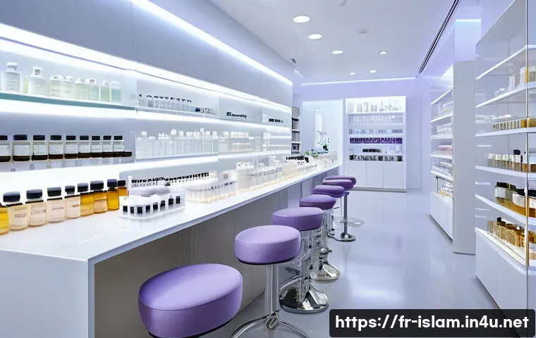 할랄 화장품 트렌드 - A modern French cosmetic laboratory specializing in halal beauty products, showcasing elegant glass ...