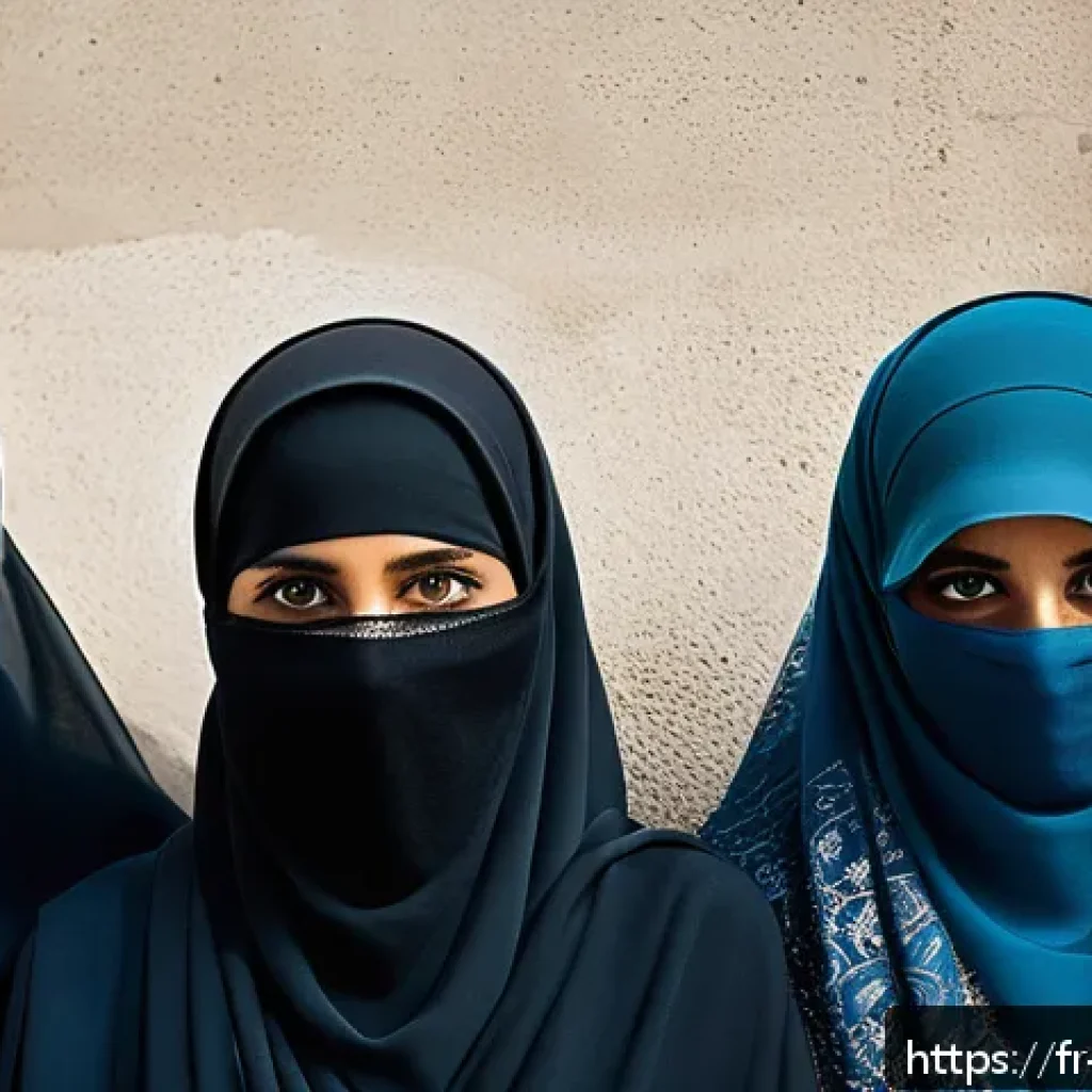 히잡과 부르카의 차이 - A diverse group of Muslim women from different regions, each wearing traditional Islamic clothing re...