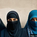 히잡과 부르카의 차이 - A diverse group of Muslim women from different regions, each wearing traditional Islamic clothing re...