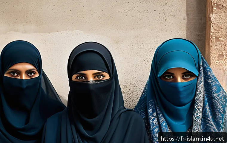 히잡과 부르카의 차이 - A diverse group of Muslim women from different regions, each wearing traditional Islamic clothing re...