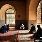 이슬람 정치사상 - A scholarly library scene in a historic Islamic university setting in North Africa, featuring divers...