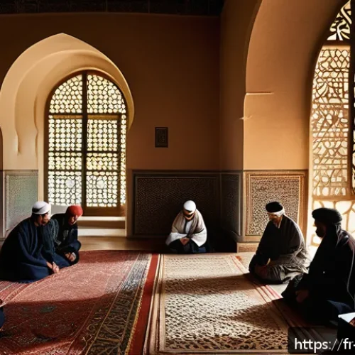 이슬람 정치사상 - A scholarly library scene in a historic Islamic university setting in North Africa, featuring divers...
