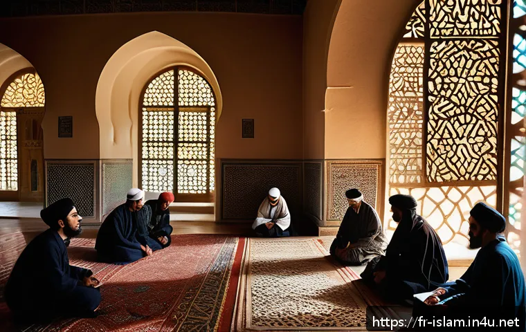 이슬람 정치사상 - A scholarly library scene in a historic Islamic university setting in North Africa, featuring divers...
