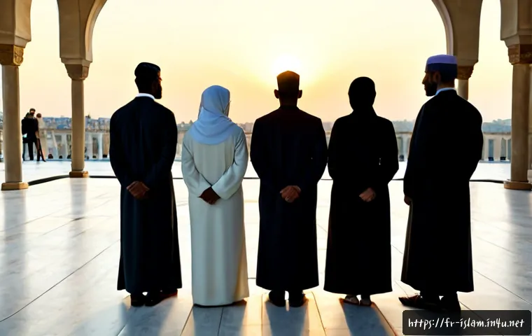 이슬람의 다섯 가지 기둥 - Photorealistic peaceful sunrise scene inside a clean French mosque courtyard, five diverse Muslim ad...